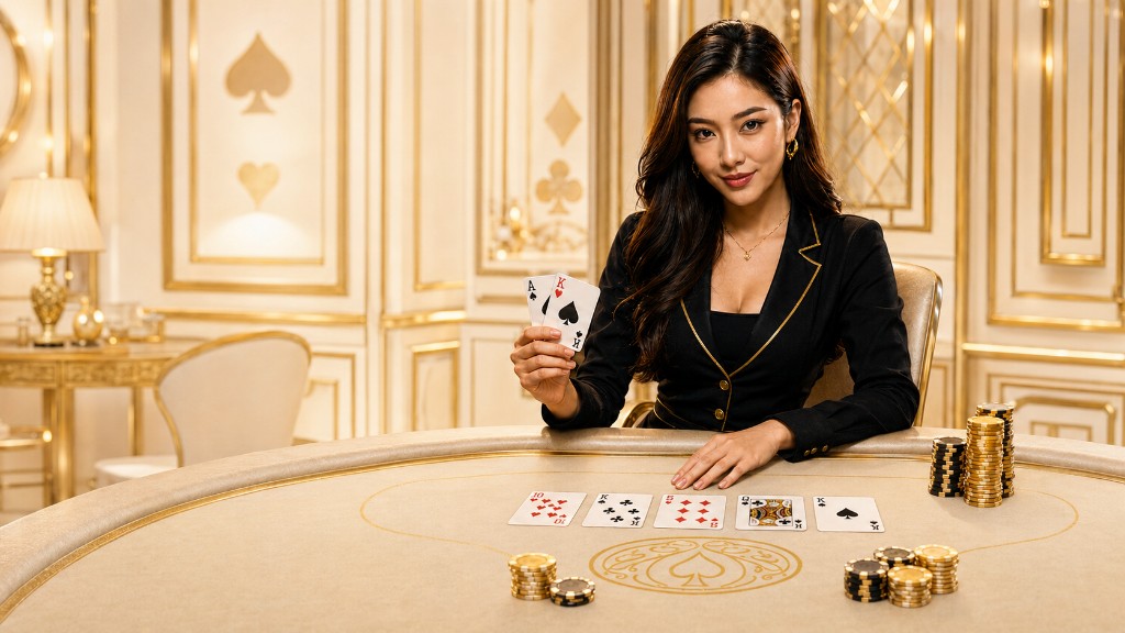 Female casino dealer holding Ace and King poker cards at a luxury gaming table.
