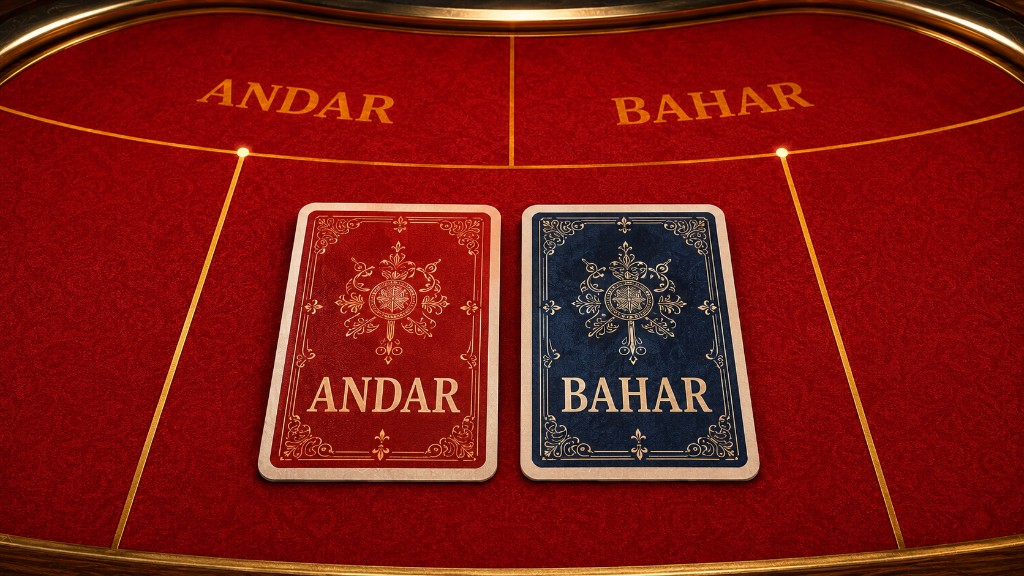 Two playing cards on a traditional red Andar Bahar gambling table.