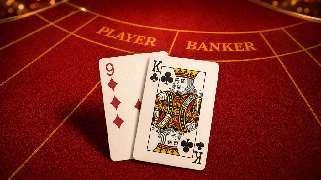 Playing cards showing 9 of spades and King of clubs on a red baccarat table.