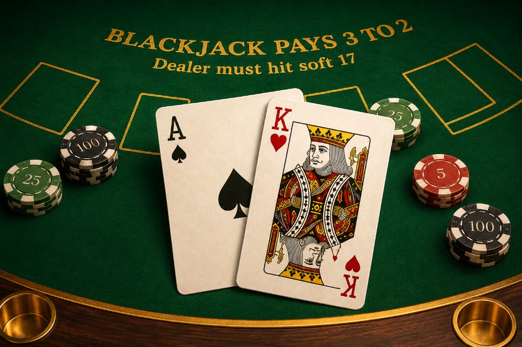 Ace and King of hearts cards with chips on a green blackjack table.