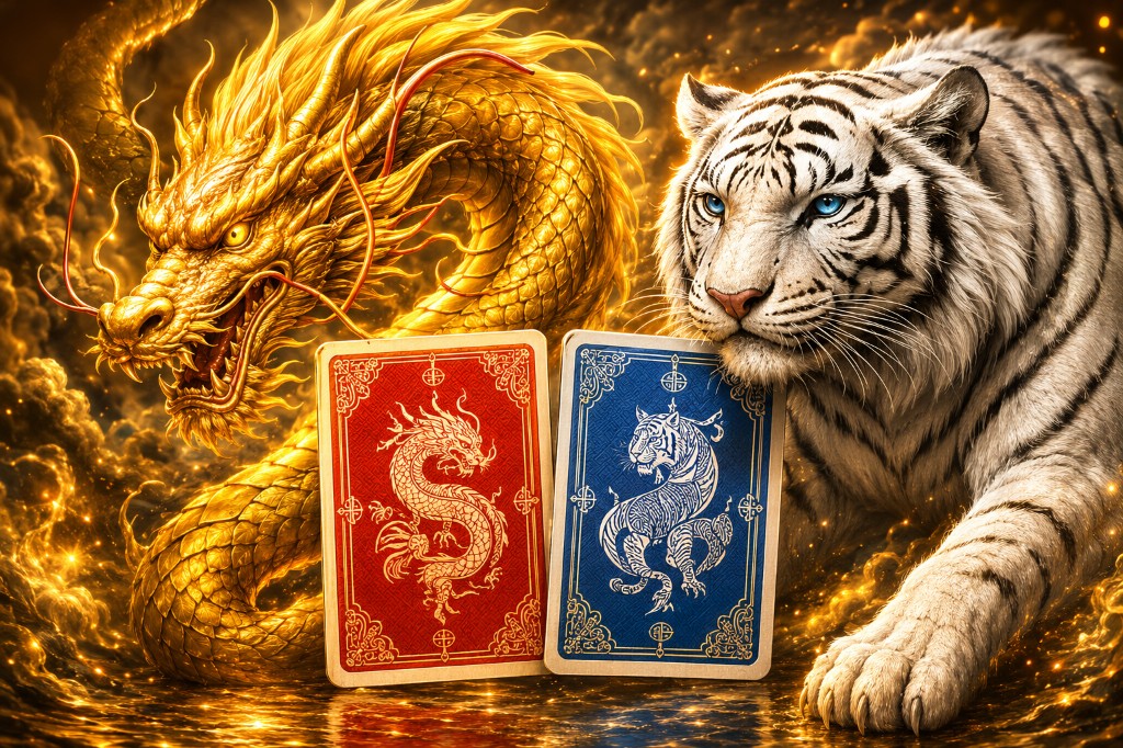 Illustration of a golden dragon and white tiger with Dragon Tiger game cards.
