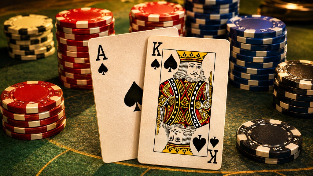 Ace and King of spades cards with a stack of casino chips on a table.