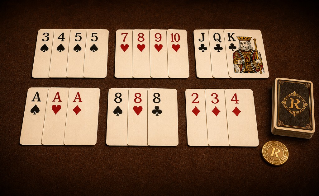 Rummy card combinations arranged in sequence on a casino table.