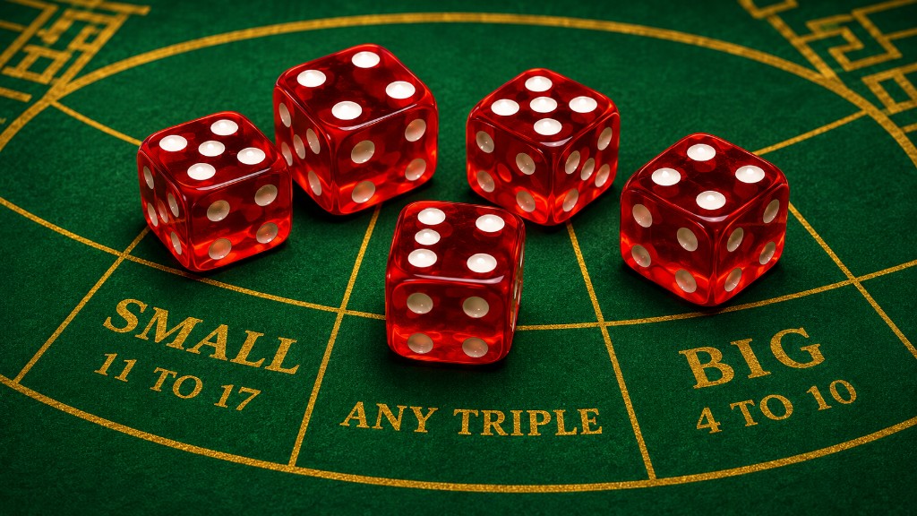 Five glowing red dice on a green Sic Bo gaming table.