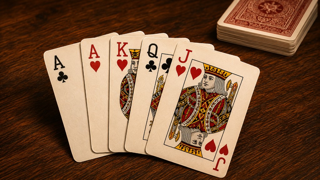 Arrangement of poker cards showing Ace through Jack combinations on a wooden table.