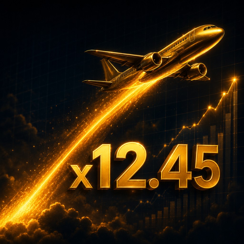 Golden airplane taking off with x12.45 win multiplier display.