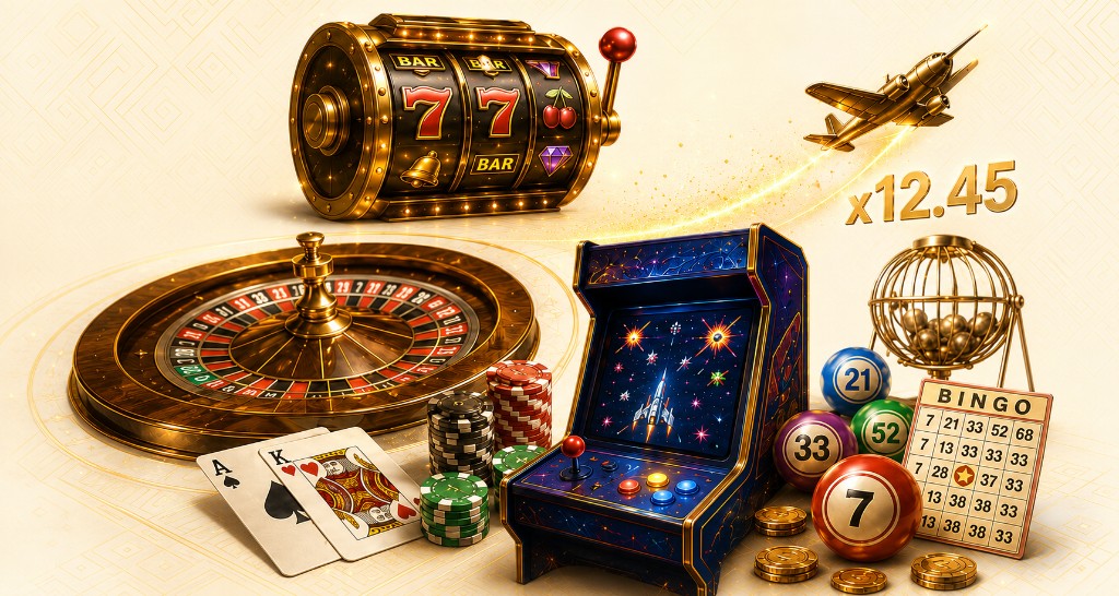 Illustration of casino game collection including slots, roulette, arcade and bingo.