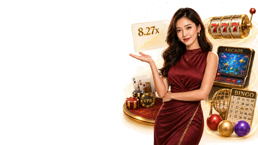 Woman in red presenting various casino games, slots, arcade and bingo.