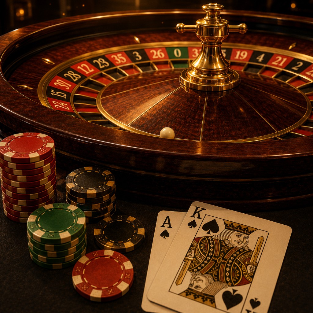 Golden wooden roulette wheel with gambling chips and Ace and King playing cards.