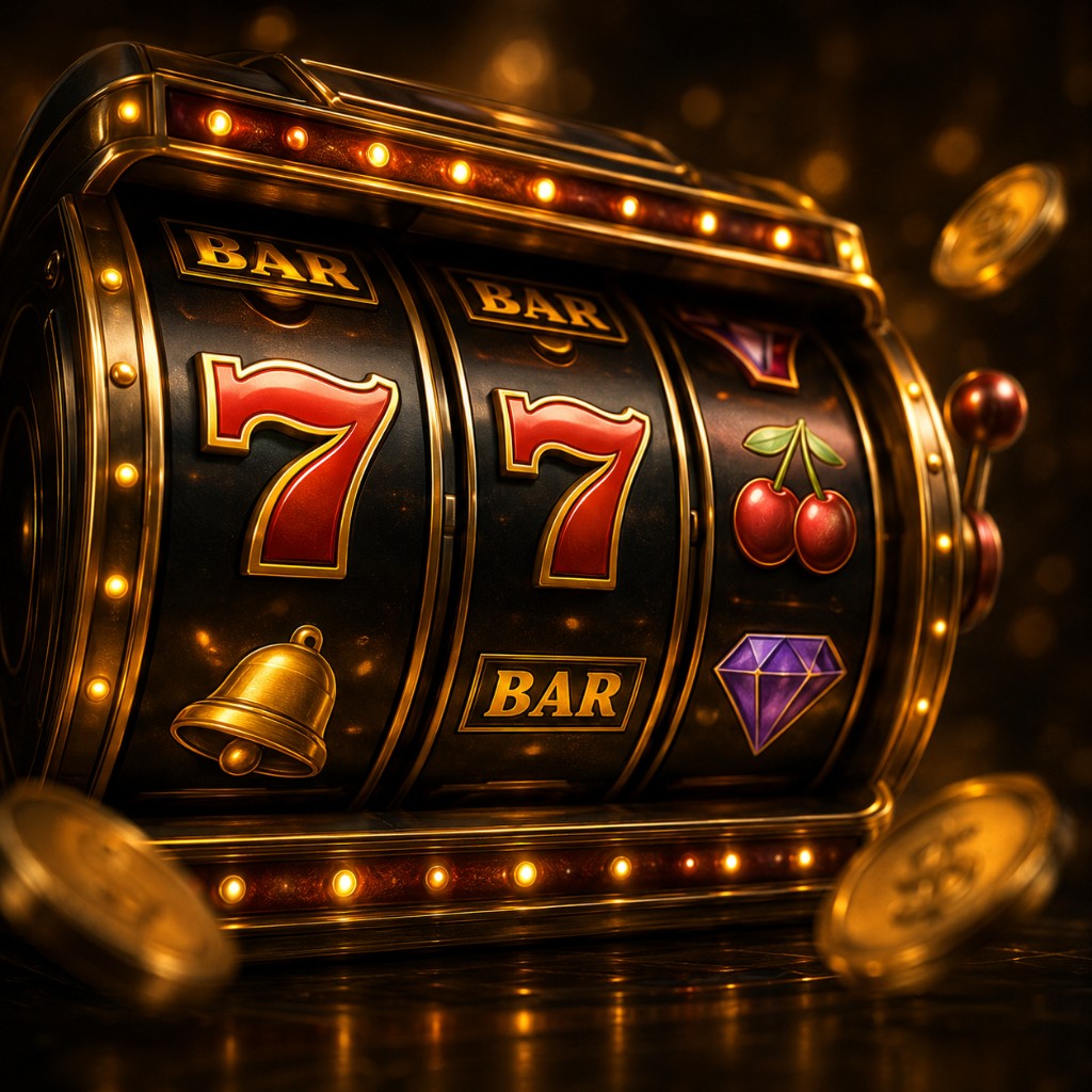 Classic golden 777 slot machine with coins scattered around it.