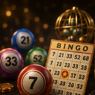 Colourful bingo balls with bingo cards and golden draw cage.