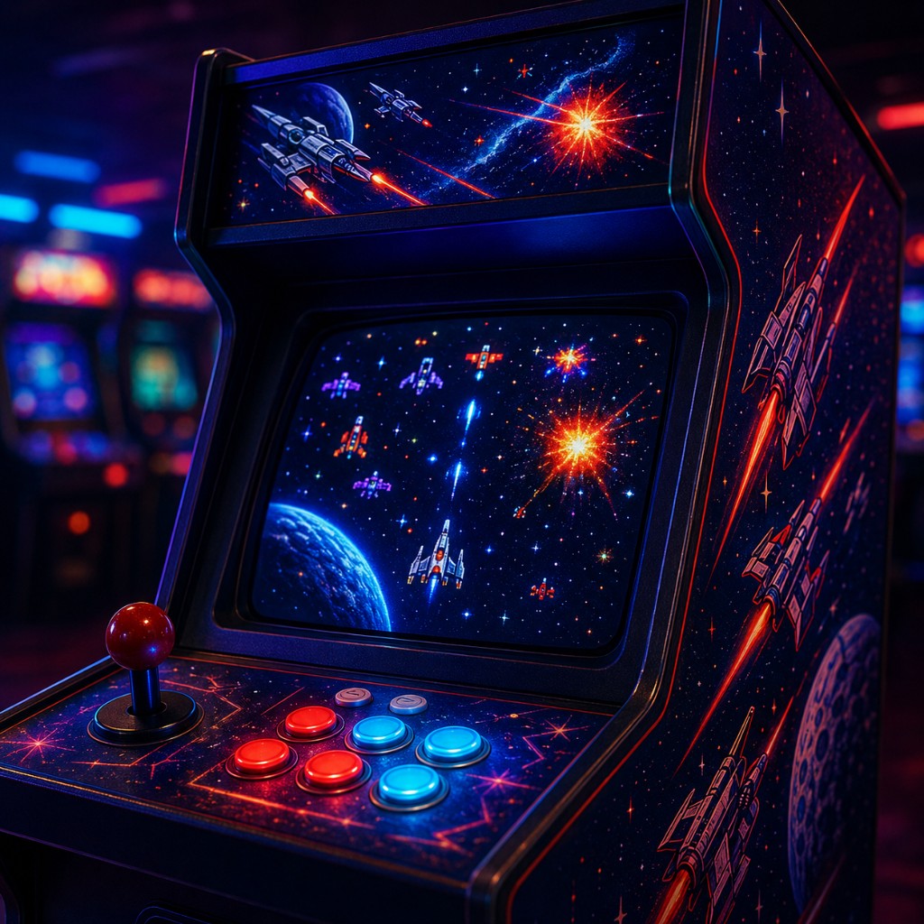 Retro space-themed arcade machine with colourful neon lights.