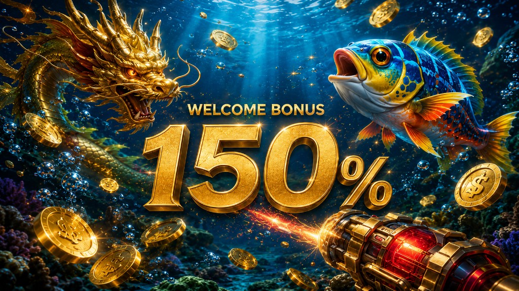 150 percent welcome bonus promotion banner with golden dragon decoration and coins.