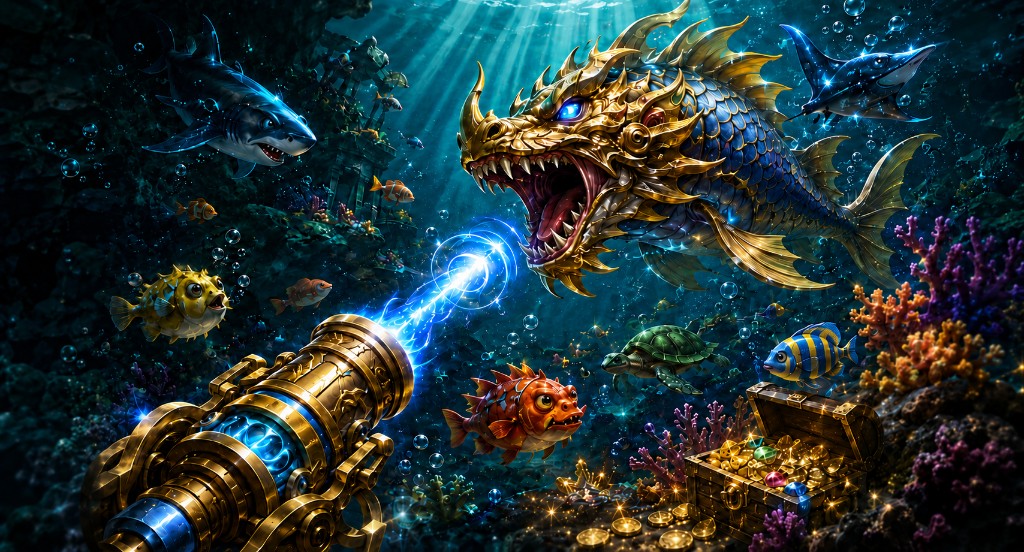 Golden cannon firing an energy beam at a blue and gold sea dragon.