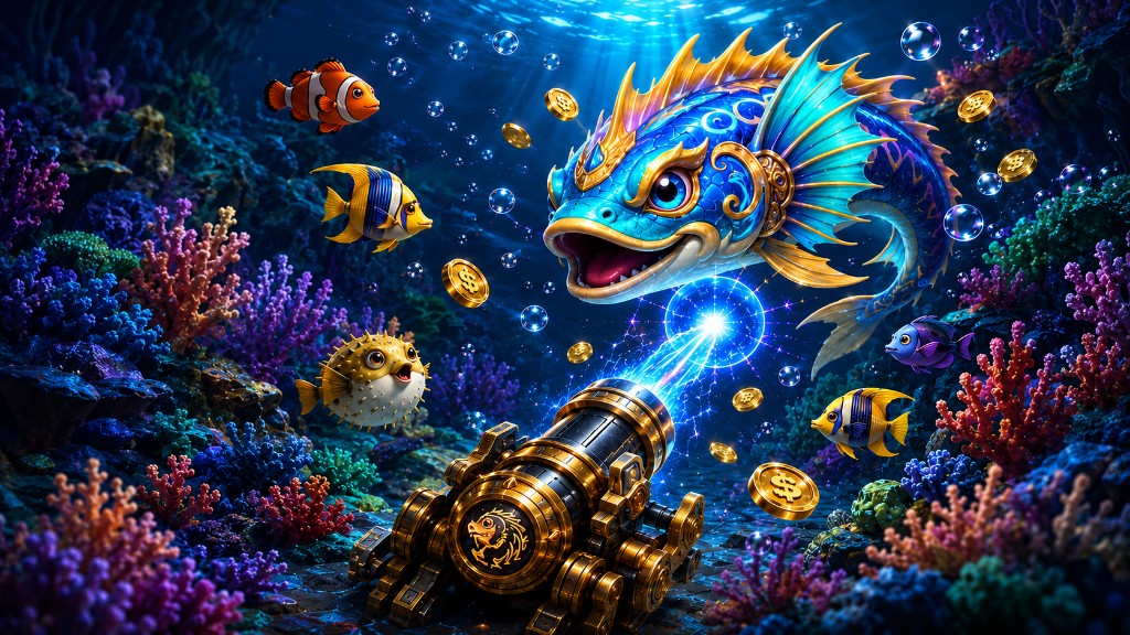 Golden shooting cannon firing a beam at a blue dragon fish on the ocean floor.