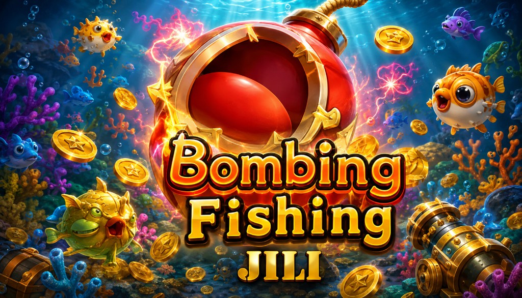 Giant red bomb and pufferfish around the Bombing Fishing game title.