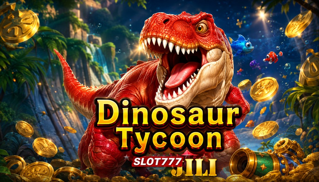 Red Tyrannosaurus Rex roaring surrounded by golden coins and cannons.