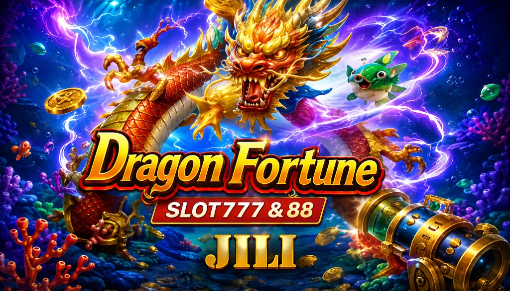 Red Chinese dragon coiling with blue lightning around the Dragon Fortune title.