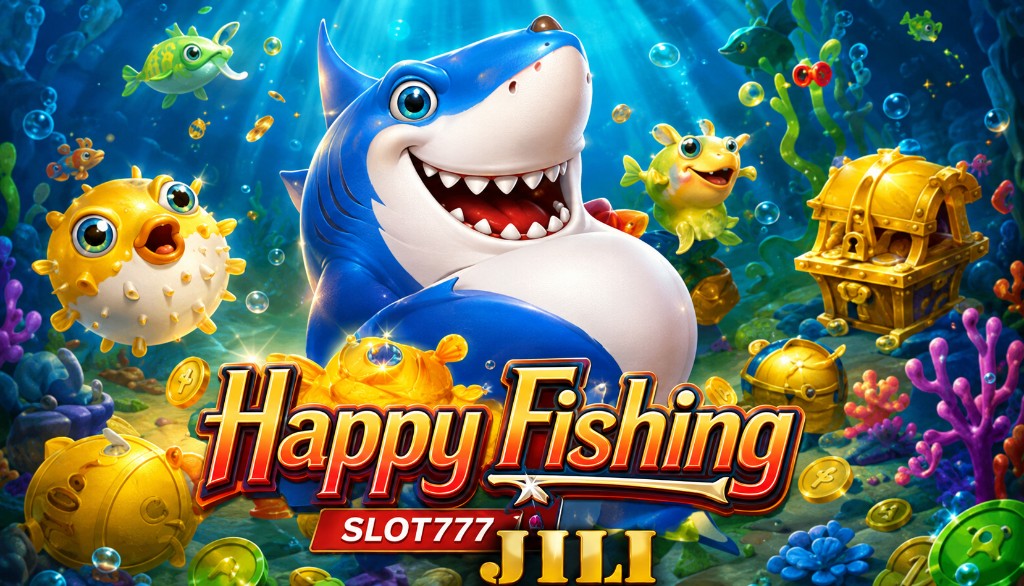 Cute friendly blue shark smiling with pufferfish and golden treasure chest.