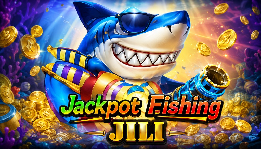 Blue shark wearing sunglasses holding a cannon with golden coins in the background.