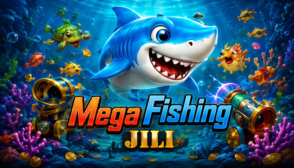 Mega Fishing JILI title artwork featuring a smiling blue shark and shooting cannon.