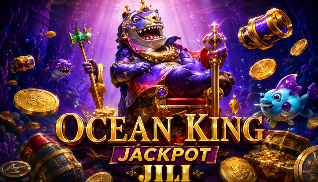 Purple sea monster king seated on a golden throne with crown and sceptre.