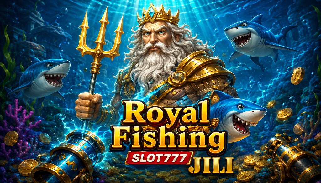 Sea king Poseidon holding a golden trident surrounded by sharks and treasure.