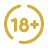 Golden 18+ age limit circle icon.
