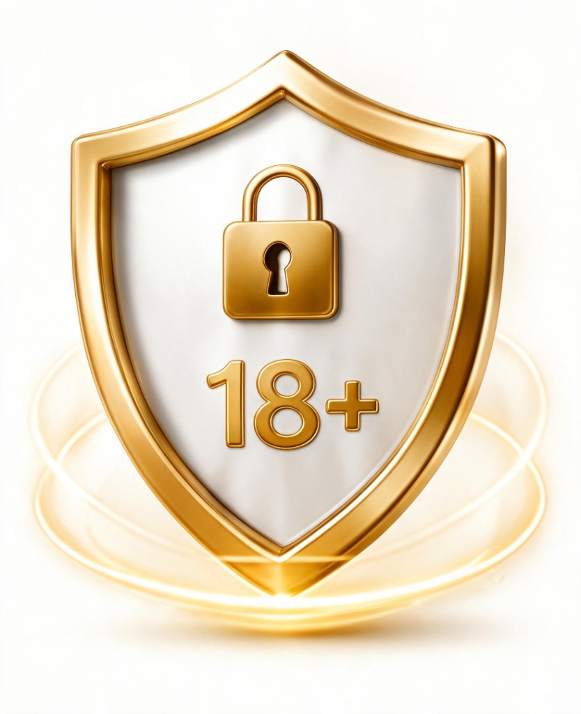 3D golden shield with padlock and 18+ label.