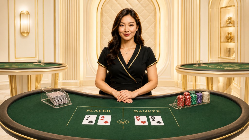 Female card dealer in black attire at a live casino baccarat table with gambling chips.