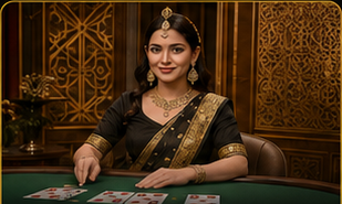 Female card dealer in an elegant black saree at a live casino gambling table.