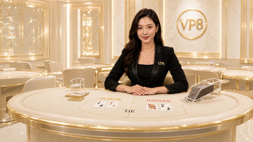 Female card dealer in a black blazer at a VP8MY live casino baccarat table.