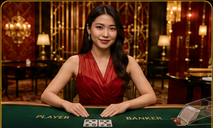 Female card dealer in a red dress managing a live casino baccarat table.