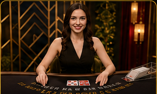 Female card dealer in black smiling at a luxury casino card table.
