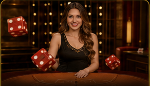 Female card dealer smiling with giant red dice floating in a casino.