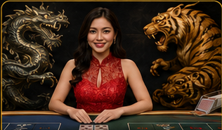 Card dealer in a red cheongsam in front of golden dragon and tiger carvings.