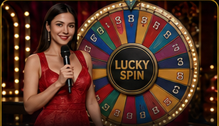 Female host holding a microphone in front of a Lucky Spin dream wheel.
