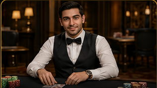 Male card dealer in a black vest and bow tie at a poker table.