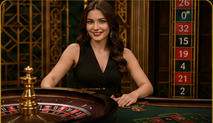 Female card dealer in a black dress at a live casino roulette table.