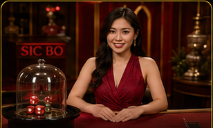 Female card dealer in red handling a dice bowl for Sic Bo.