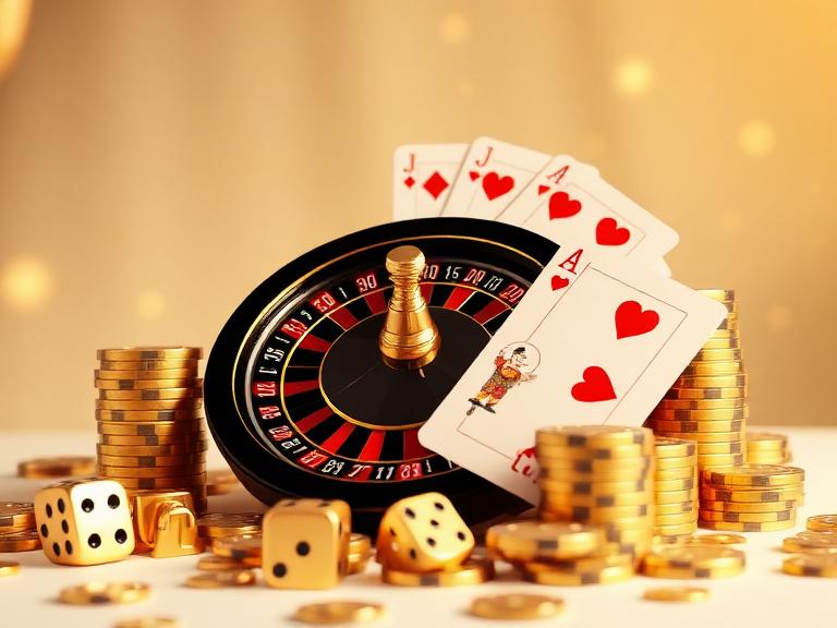 Roulette wheel, poker cards, golden dice and casino chips at VP8MY Malaysia