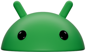 3D green Android mascot head icon with two antennae.