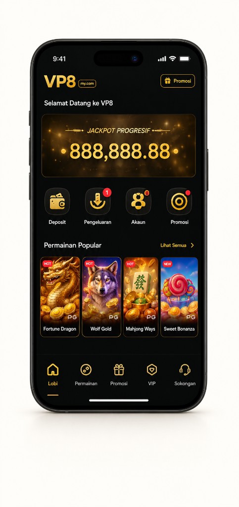 VP8MY app main lobby screen showing progressive jackpots and popular games.
