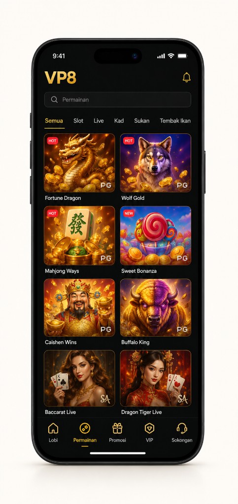 VP8MY app screen showing a list of slot and live casino games.