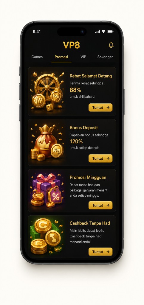 VP8MY app promotion screen showing welcome rebates and deposit bonuses.