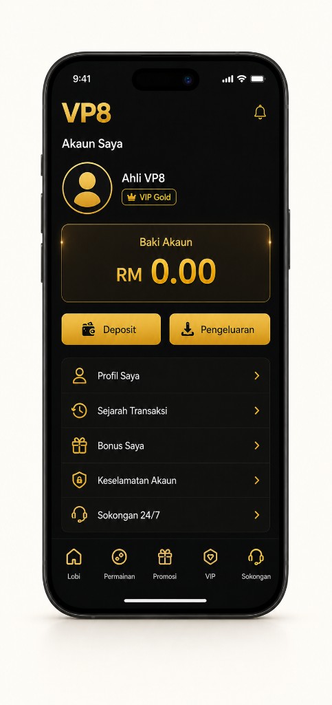 VP8MY mobile app account profile screen showing account balance.