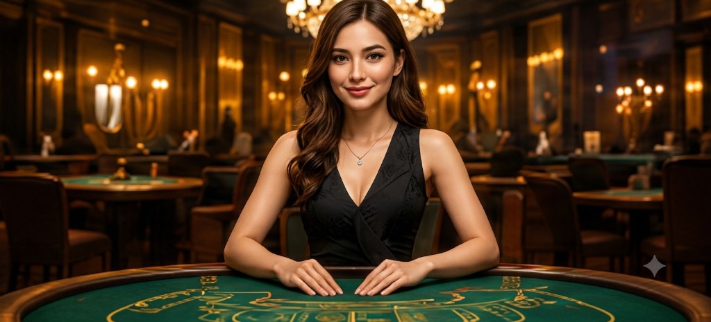 Female casino dealer at a prestigious live casino game table.