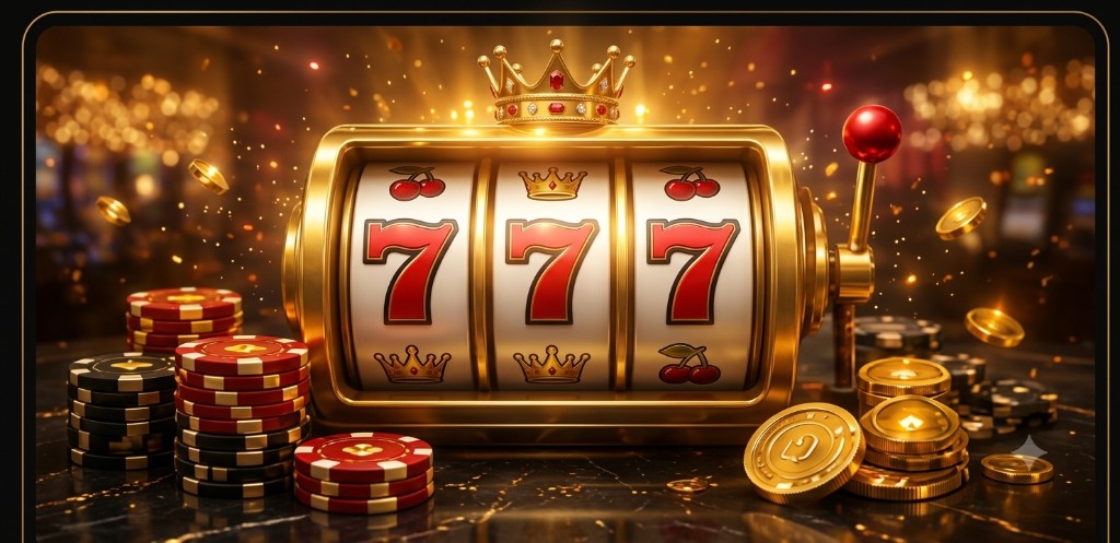 Golden slot machine showing 777 jackpot combination with casino chips and coins