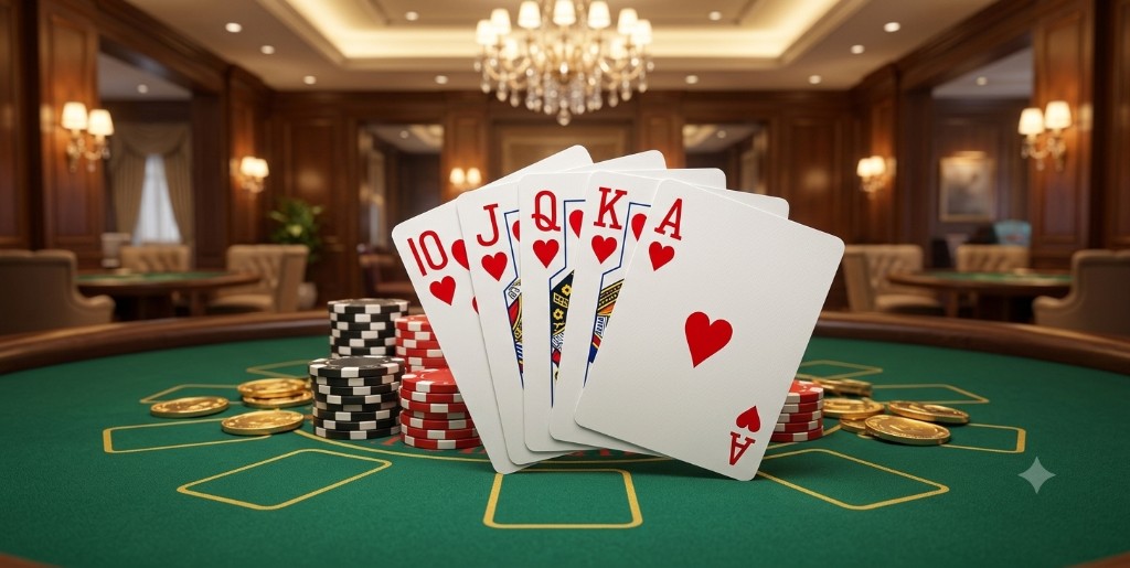 Royal Flush playing card arrangement on a green casino table with betting chips.