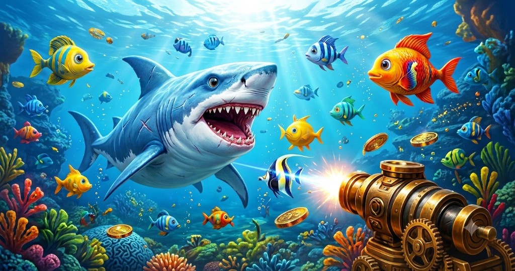 Underwater fishing game featuring sharks, cannons and golden coins.